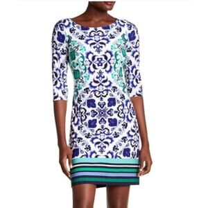Vince‎ Camuto Dress Womens 4 Blue Green Medallion Ikat Shift 3/4 Sleeve Mini